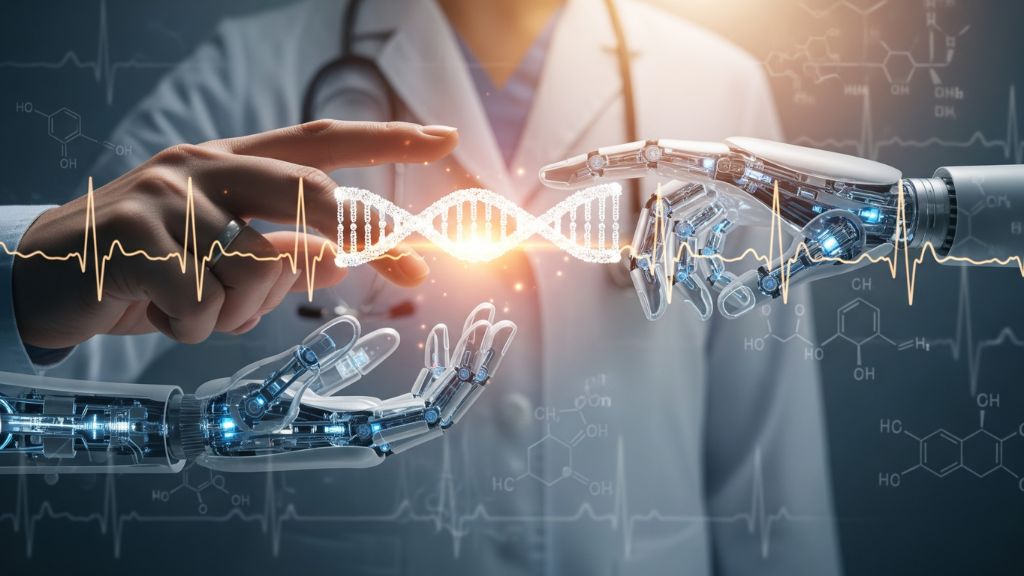 人間と機械の手が協力しようとしている画像