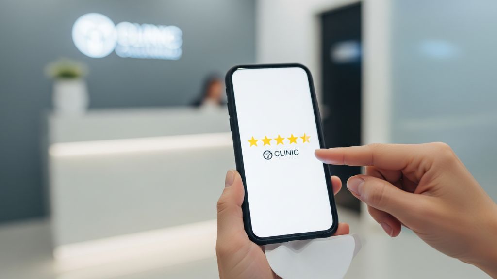 スマホでクリニックのレビューをする患者
