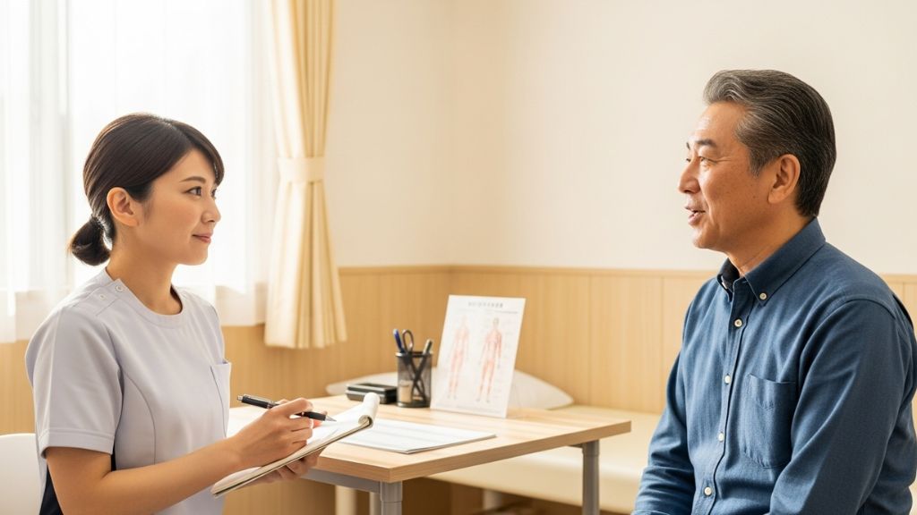 男性患者に問診をする女性看護師