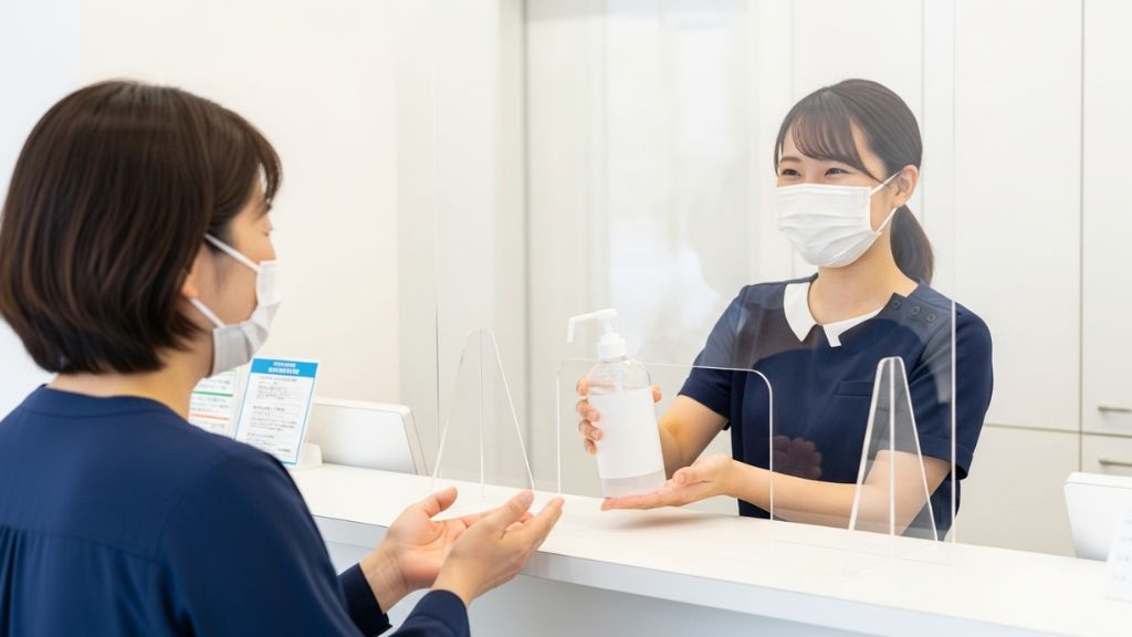 消毒液を感染防止アクリルボードごしに患者に渡すクリニックの受付スタッフ