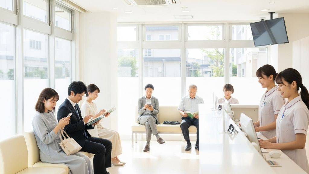クリニックの待合室で患者が待っている様子