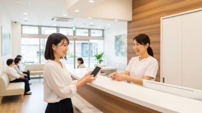 クリニックの受付で応対するスタッフと患者