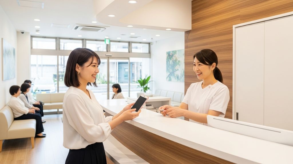 クリニックの受付で応対するスタッフと患者