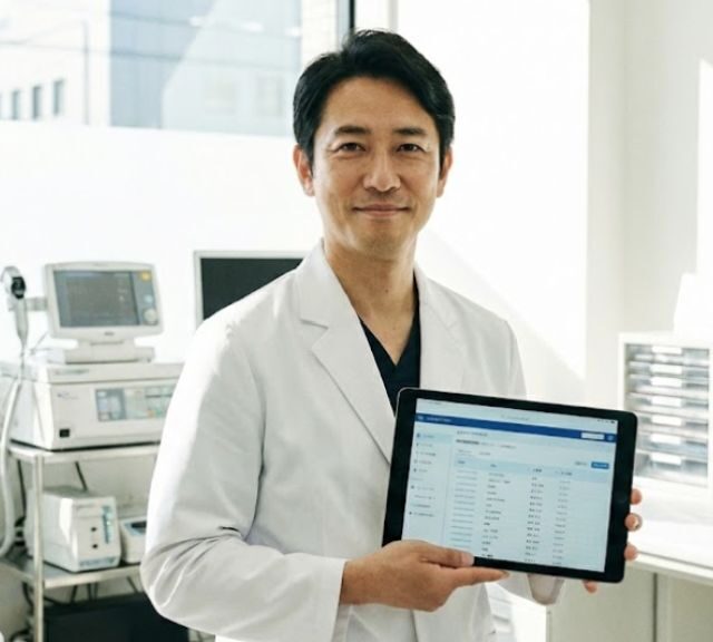 タブレット型の電子カルテを見せる医師