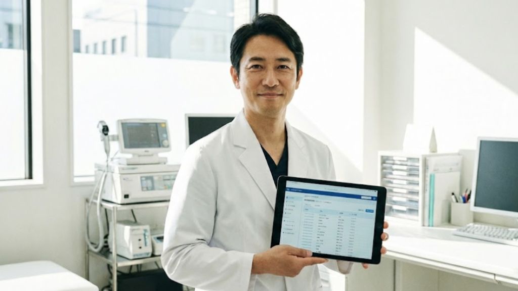 タブレット型の電子カルテを見せる医師