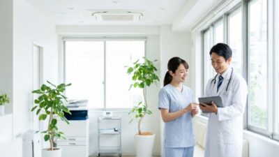 医師とスタッフが業務について話している様子