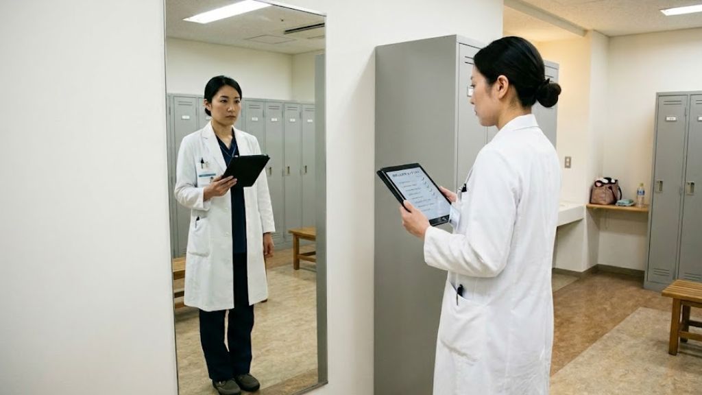 チェックリストをもとにセルフチェックをする医療スタッフ