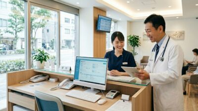 クリニックの受付で談笑する医師とスタッフ