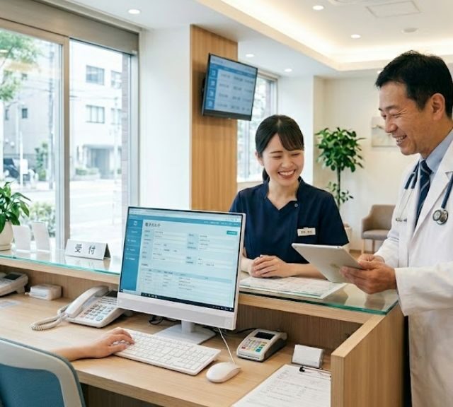 電子カルテをもとに談笑する医師とスタッフ