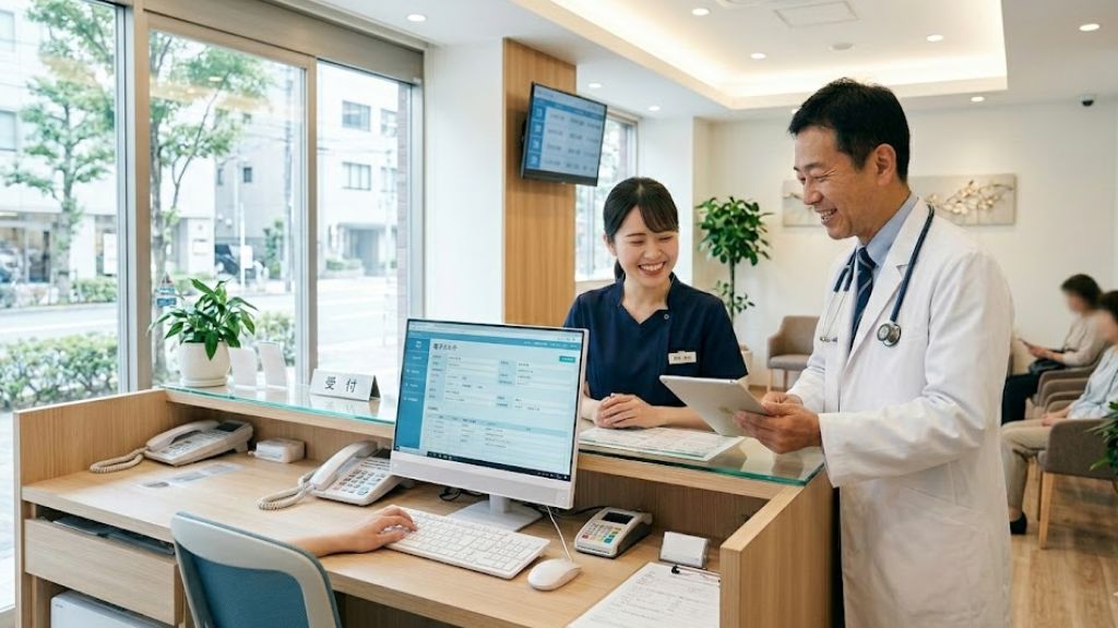 電子カルテをもとに談笑する医師とスタッフ