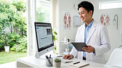 タブレットと電子カルテを使いこなす男性医師