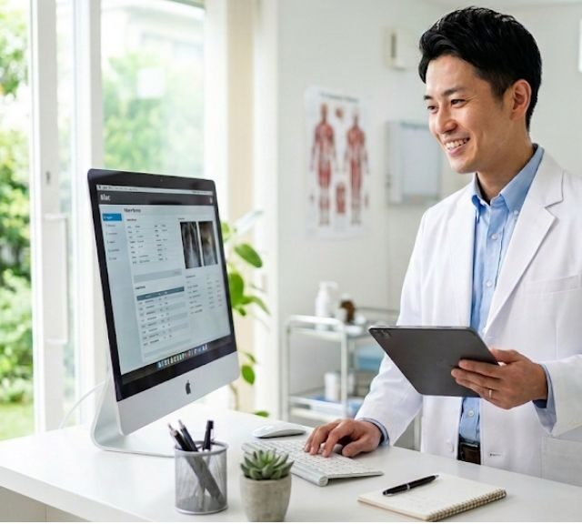 タブレットと電子カルテを使いこなす男性医師