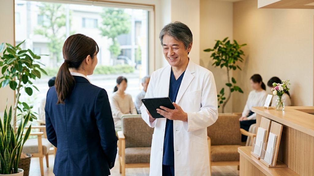 老年の医師が気軽にタブレットでカルテ入力をしている様子