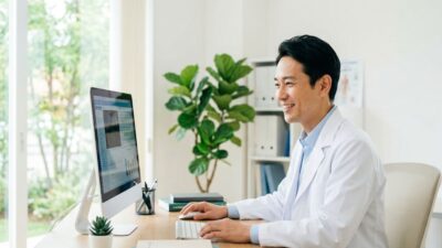 笑顔で電子カルテを入力する医師