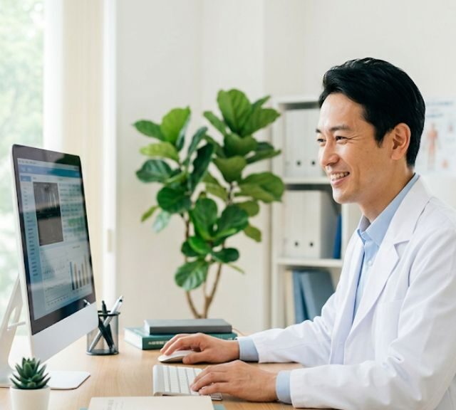 笑顔で電子カルテを入力する医師