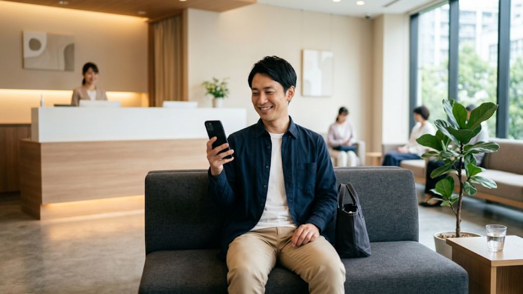 快適な待合室で満足そうな表情で待つ患者
