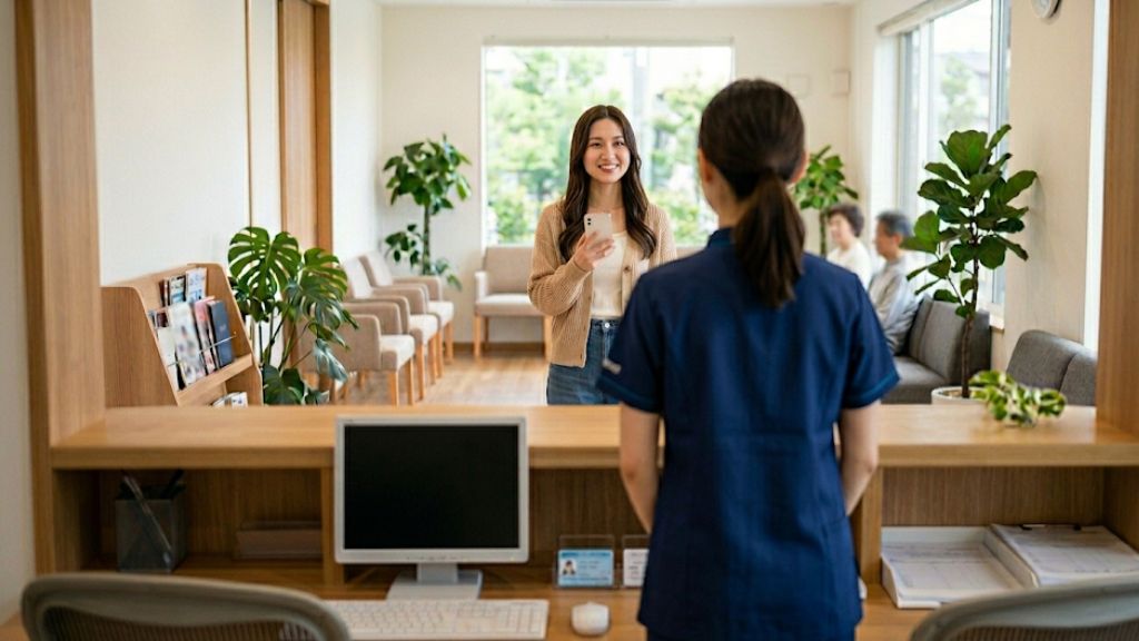 待合室が空いているクリニックでスムーズに受付をしている女性患者