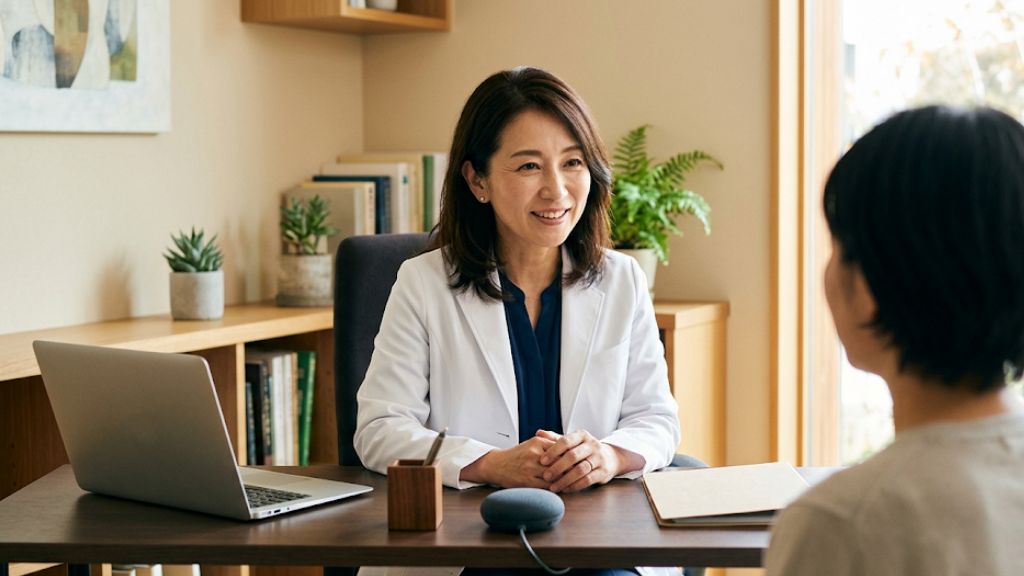 患者の目を見て診察をしている女性医師