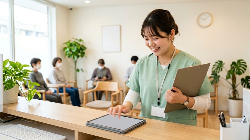 クリニックの待合でタブレットを使用している女性看護師