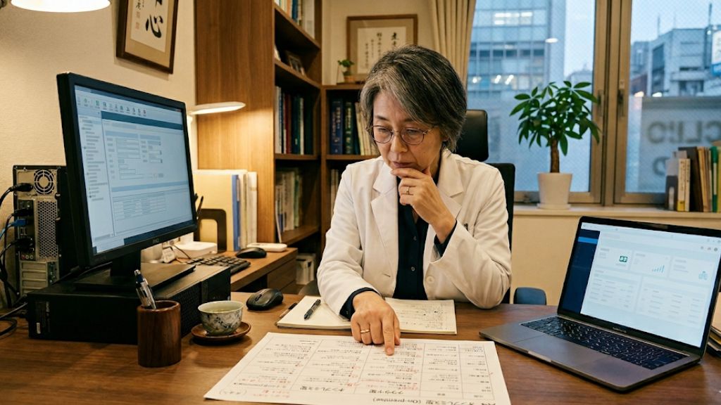 電子カルテを比較検討する女性医師
