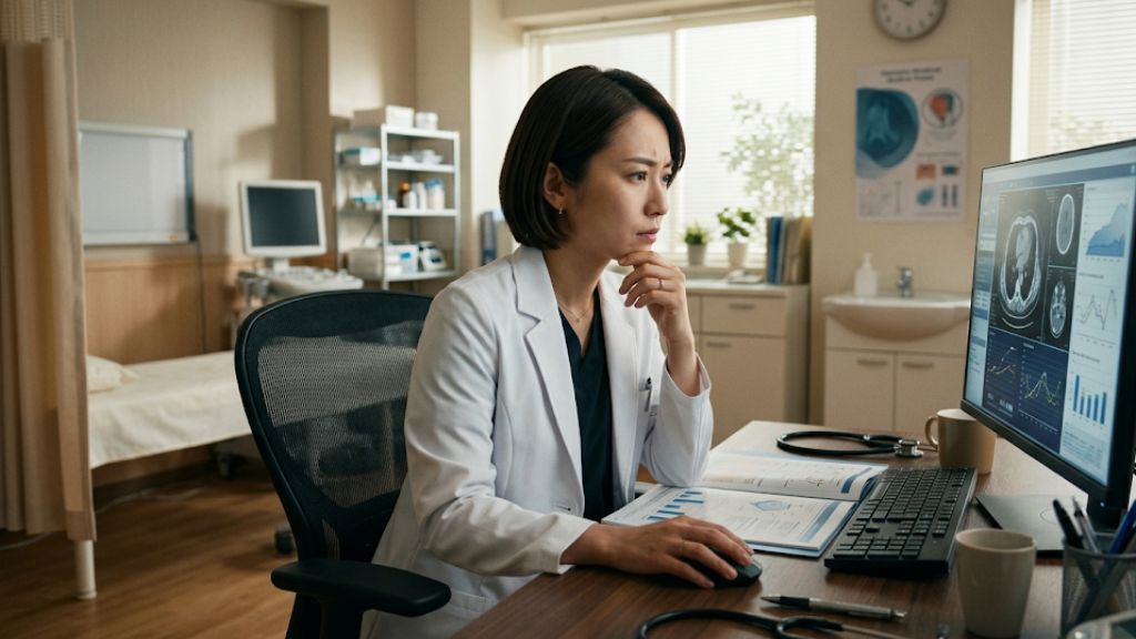 電子カルテについて調べて悩んでいる女性医師