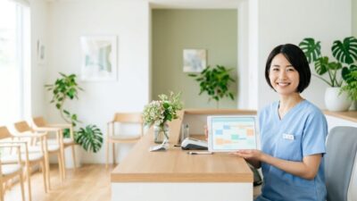 タブレットに表示された予約システムの画面を見せる女性スタッフ