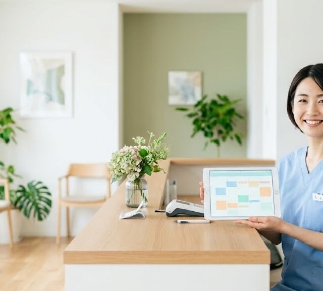 タブレットに表示された予約システムの画面を見せる女性スタッフ