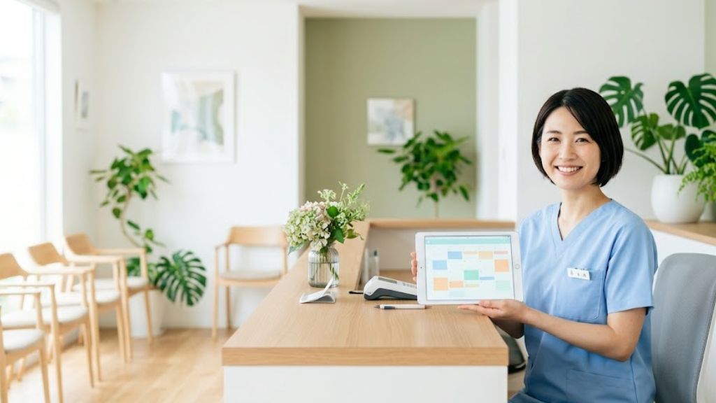 タブレットに表示された予約システムの画面を見せる女性スタッフ