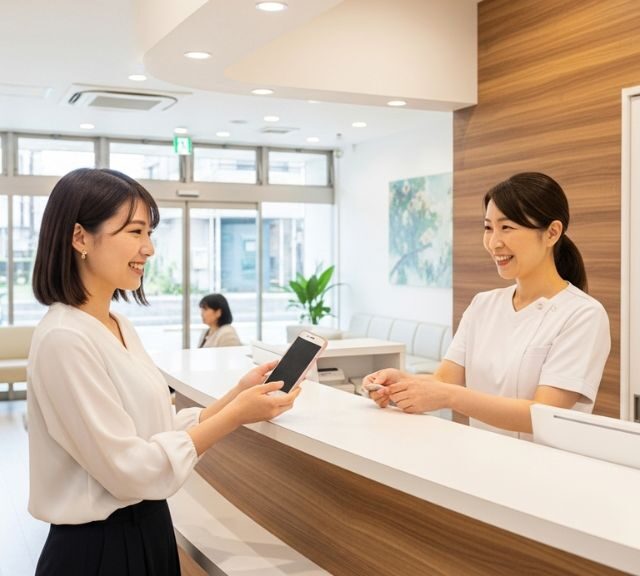 クリニックの受付で応対するスタッフと患者