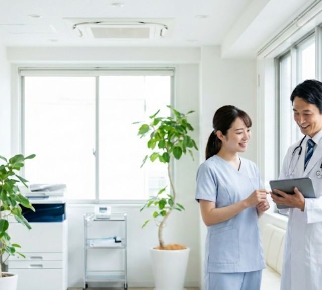 医師とスタッフが業務について話している様子