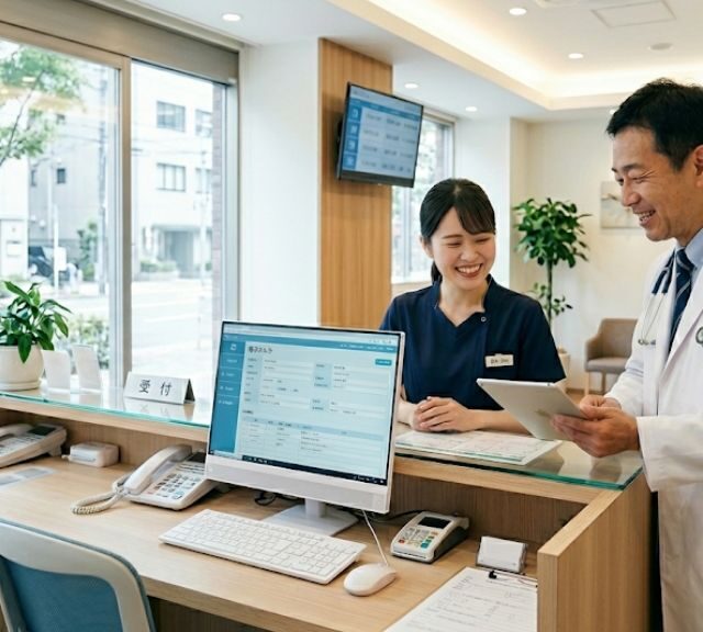 クリニックの受付で談笑する医師とスタッフ